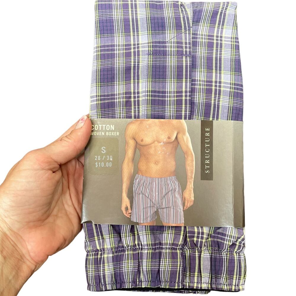 Vintage Structure Boxer Men Small 28/30 Cotton Woven Purple Plaid NOS Sears READ